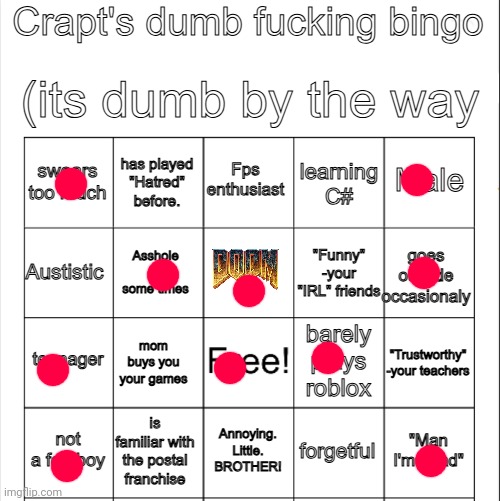 Crapt's bingo (C# as in the programming language) | image tagged in crapt's bingo | made w/ Imgflip meme maker
