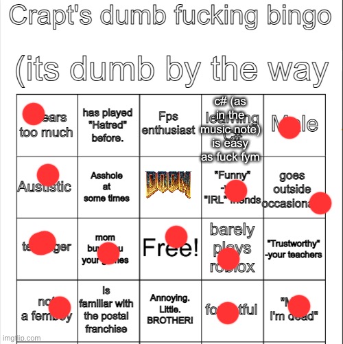 especially on piano or brass | c# (as in the music note) is easy as fuck fym | image tagged in crapt's bingo | made w/ Imgflip meme maker
