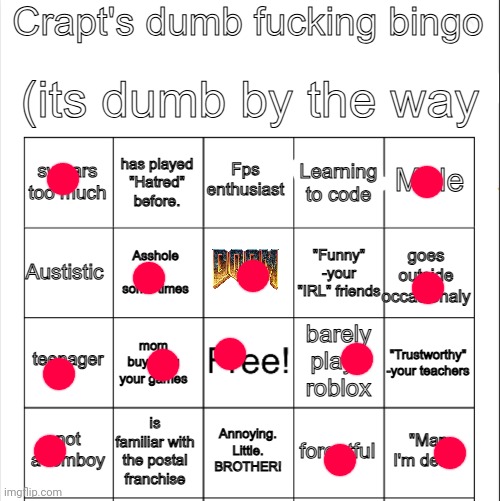 Updated verson of crapt's bingo | image tagged in updated verson of crapt's bingo | made w/ Imgflip meme maker