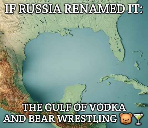 Gulf of What? | IF RUSSIA RENAMED IT:; THE GULF OF VODKA AND BEAR WRESTLING 🐻🍸 | image tagged in gulf of what,slavic lives matter | made w/ Imgflip meme maker