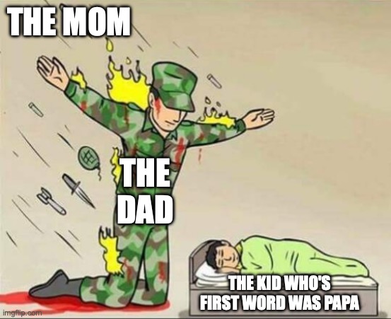 Soldier protecting sleeping child | THE MOM; THE DAD; THE KID WHO'S FIRST WORD WAS PAPA | image tagged in soldier protecting sleeping child,mother,father | made w/ Imgflip meme maker