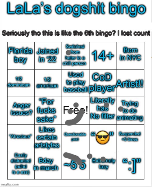 LaLa’s bingo V6 i think idk | image tagged in lala s bingo v6 i think idk | made w/ Imgflip meme maker