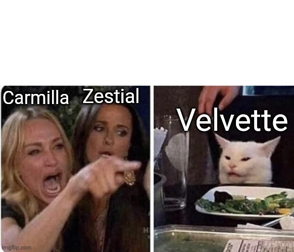 Angry Woman and Cat | Zestial; Velvette; Carmilla | image tagged in angry woman and cat | made w/ Imgflip meme maker