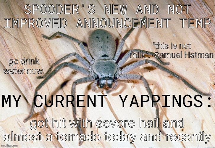 spooder's suck-ass announcement temp | got hit with severe hail and almost a tornado today and recently | image tagged in spooder's suck-ass announcement temp | made w/ Imgflip meme maker