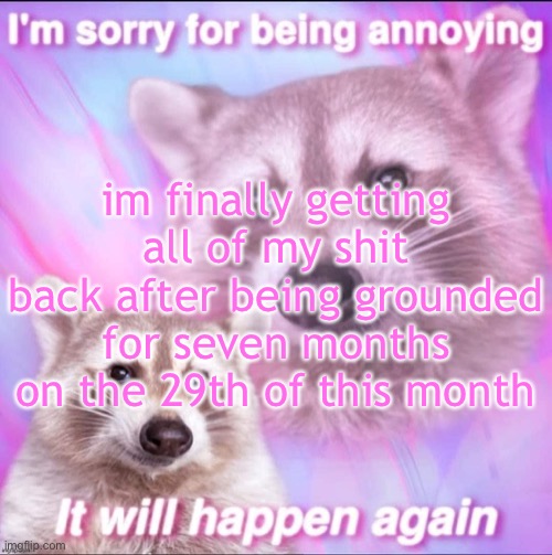 sorry for being annoying | im finally getting all of my shit back after being grounded for seven months on the 29th of this month | image tagged in sorry for being annoying | made w/ Imgflip meme maker