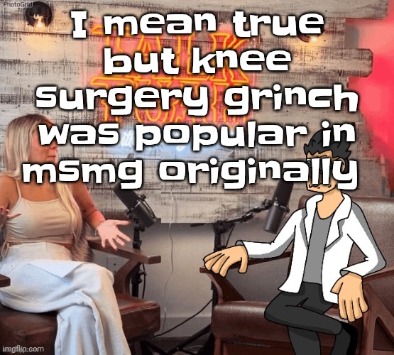 Hawk 002ah | I mean true but knee surgery grinch was popular in msmg originally | image tagged in hawk 002ah | made w/ Imgflip meme maker