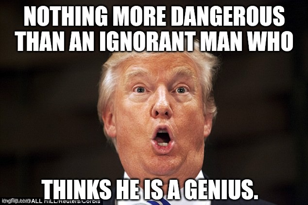 Mental decline evident. | NOTHING MORE DANGEROUS THAN AN IGNORANT MAN WHO; THINKS HE IS A GENIUS. | image tagged in trump stupid face,donald trump,maga,idiot,pinhead | made w/ Imgflip meme maker