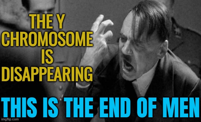 The Y Chromosome Is Disappearing | THE Y
CHROMOSOME
IS
DISAPPEARING; THIS IS THE END OF MEN | image tagged in mad hitler,male privilege,men and women,adolf hitler,world war 3,men vs women | made w/ Imgflip meme maker