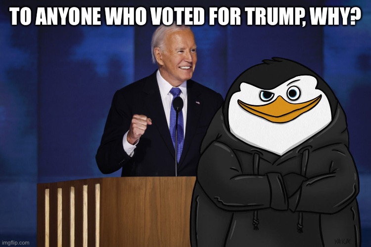 I wanna get your opinions and views (same goes for kamala voters) | TO ANYONE WHO VOTED FOR TRUMP, WHY? | image tagged in skipper x biden | made w/ Imgflip meme maker