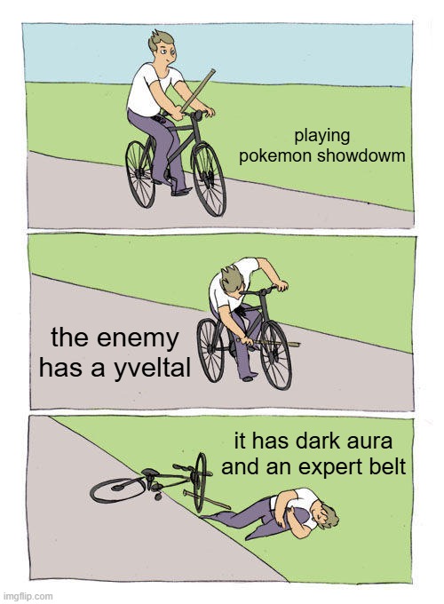 i did this >:) | playing pokemon showdowm; the enemy has a yveltal; it has dark aura and an expert belt | image tagged in memes,bike fall | made w/ Imgflip meme maker