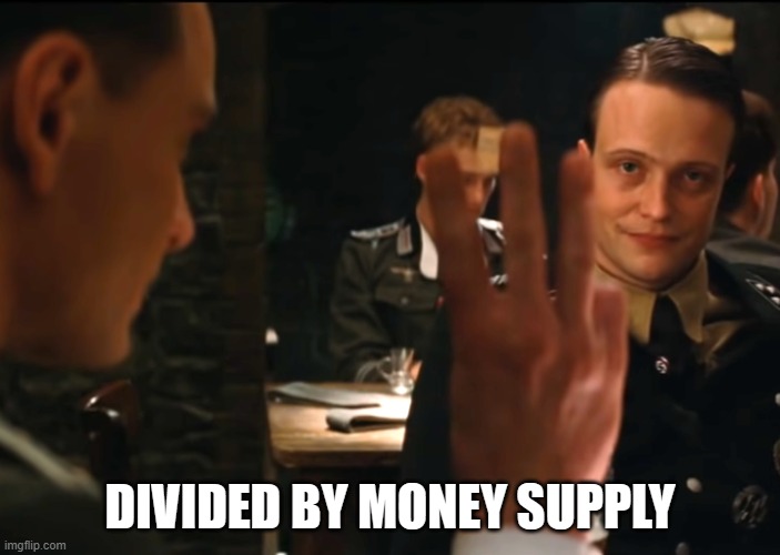 Macros | DIVIDED BY MONEY SUPPLY | image tagged in three fingers inglourious basterds | made w/ Imgflip meme maker