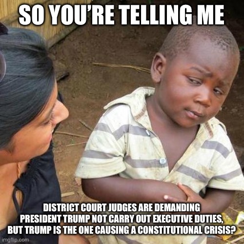 Third World Skeptical Kid Meme | SO YOU’RE TELLING ME; DISTRICT COURT JUDGES ARE DEMANDING PRESIDENT TRUMP NOT CARRY OUT EXECUTIVE DUTIES, BUT TRUMP IS THE ONE CAUSING A CONSTITUTIONAL CRISIS? | image tagged in memes,third world skeptical kid | made w/ Imgflip meme maker