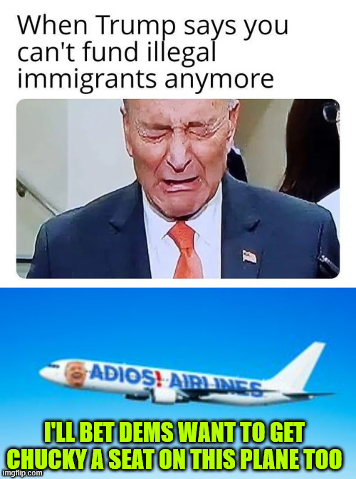 dems are crying over Trump deporting foreign terrorists | I'LL BET DEMS WANT TO GET CHUCKY A SEAT ON THIS PLANE TOO | image tagged in dems,crying over deportation of foreign terrorists,crying over schumer caving to trump | made w/ Imgflip meme maker