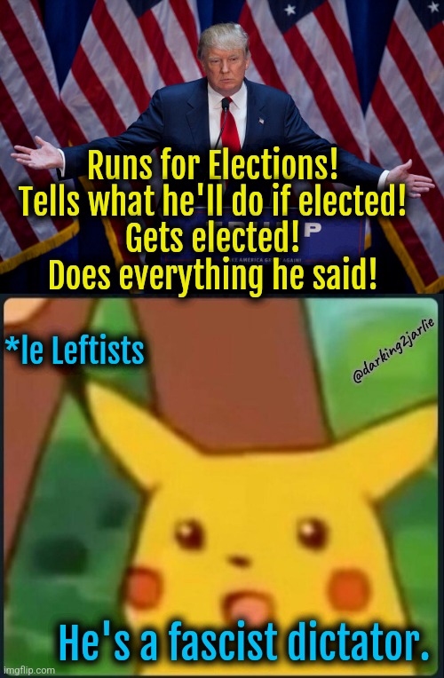 That's exactly what dictators do! Trump fascism confirmed! | Runs for Elections!
Tells what he'll do if elected!
Gets elected!
Does everything he said! @darking2jarlie; *le Leftists; He's a fascist dictator. | image tagged in donald trump,surprised pikachu,liberal logic,liberals,trump,politics | made w/ Imgflip meme maker