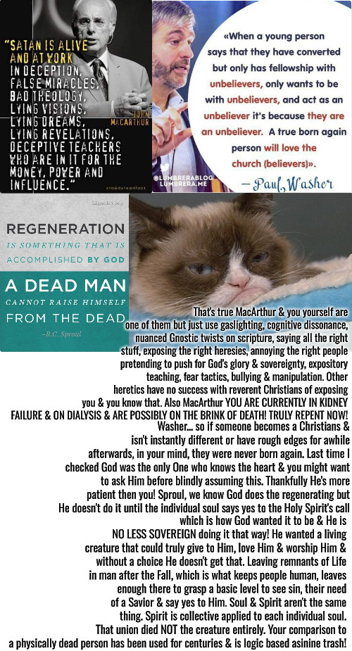 MacArthur, Washer & Sproul | That's true MacArthur & you yourself are one of them but just use gaslighting, cognitive dissonance, nuanced Gnostic twists on scripture, saying all the right stuff, exposing the right heresies, annoying the right people pretending to push for God's glory & sovereignty, expository teaching, fear tactics, bullying & manipulation. Other heretics have no success with reverent Christians of exposing you & you know that. Also MacArthur YOU ARE CURRENTLY IN KIDNEY FAILURE & ON DIALYSIS & ARE POSSIBLY ON THE BRINK OF DEATH! TRULY REPENT NOW! Washer... so if someone becomes a Christians & isn't instantly different or have rough edges for awhile afterwards, in your mind, they were never born again. Last time I checked God was the only One who knows the heart & you might want to ask Him before blindly assuming this. Thankfully He's more patient then you! Sproul, we know God does the regenerating but He doesn't do it until the individual soul says yes to the Holy Spirit's call; which is how God wanted it to be & He is NO LESS SOVEREIGN doing it that way! He wanted a living creature that could truly give to Him, love Him & worship Him & without a choice He doesn't get that. Leaving remnants of Life in man after the Fall, which is what keeps people human, leaves enough there to grasp a basic level to see sin, their need of a Savior & say yes to Him. Soul & Spirit aren't the same thing. Spirit is collective applied to each individual soul. That union died NOT the creature entirely. Your comparison to a physically dead person has been used for centuries & is logic based asinine trash! | image tagged in calvinism,arminian,molinism,reformed theology 5 point pastors,sproul washer legalism puppetry,macarthur might die | made w/ Imgflip meme maker