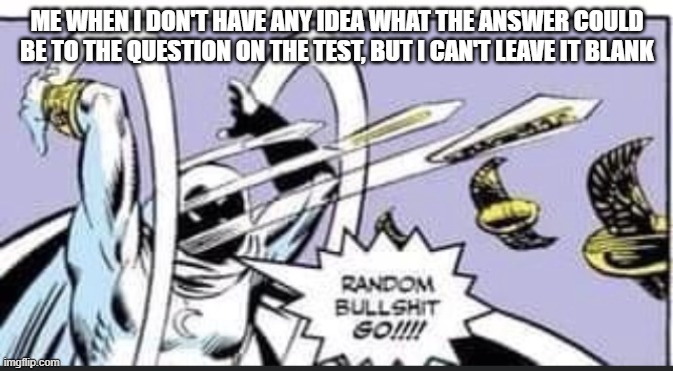 Random Bullshit Go | ME WHEN I DON'T HAVE ANY IDEA WHAT THE ANSWER COULD BE TO THE QUESTION ON THE TEST, BUT I CAN'T LEAVE IT BLANK | image tagged in random bullshit go,memes,relatable,school,test | made w/ Imgflip meme maker