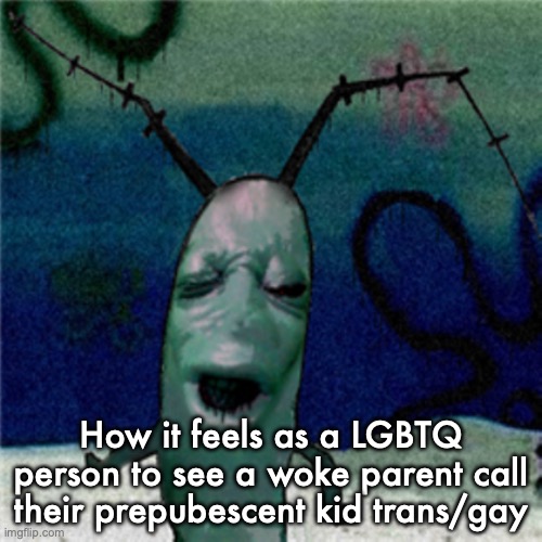 cursed plankton | How it feels as a LGBTQ person to see a woke parent call their prepubescent kid trans/gay | image tagged in cursed plankton | made w/ Imgflip meme maker