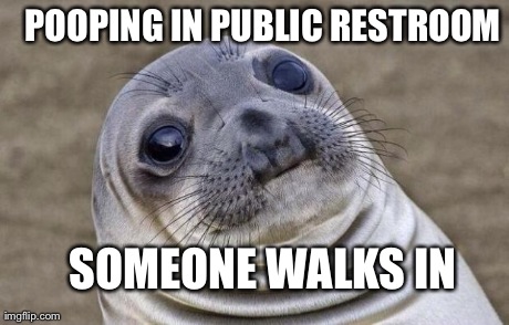 Awkward Moment Sealion | POOPING IN PUBLIC RESTROOM SOMEONE WALKS IN | image tagged in memes,awkward moment sealion,AdviceAnimals | made w/ Imgflip meme maker