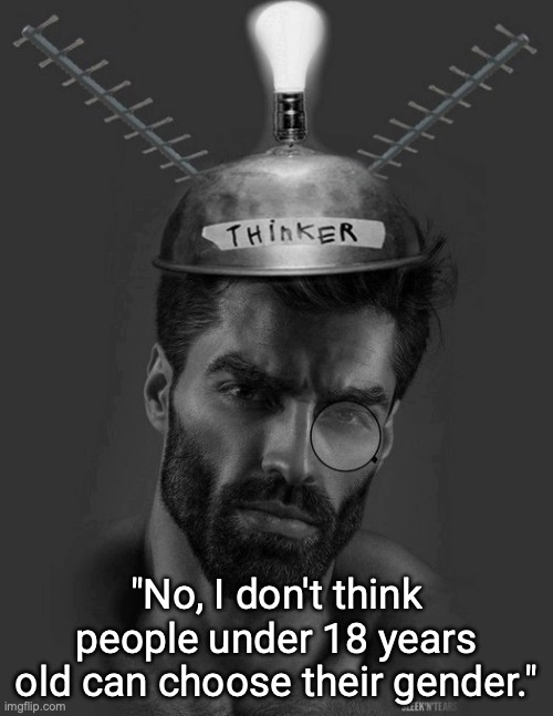 Thinker | "No, I don't think people under 18 years old can choose their gender." | image tagged in thinker | made w/ Imgflip meme maker