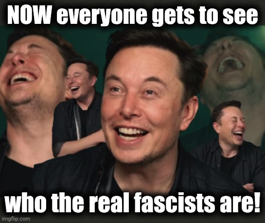 Elon Musk Laughing | NOW everyone gets to see who the real fascists are! | image tagged in elon musk laughing | made w/ Imgflip meme maker