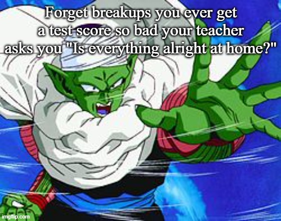 Piccolo | Forget breakups you ever get a test score so bad your teacher asks you "Is everything alright at home?" | image tagged in piccolo | made w/ Imgflip meme maker