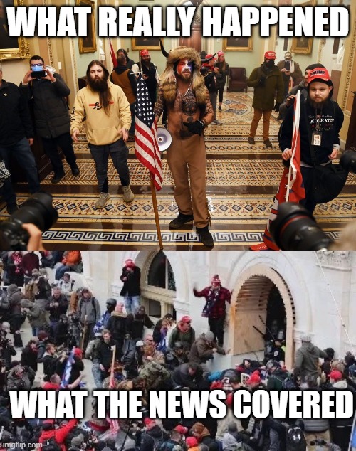 CNN is cherrypicking | WHAT REALLY HAPPENED; WHAT THE NEWS COVERED | image tagged in capitol buffalo guy,maga riot | made w/ Imgflip meme maker