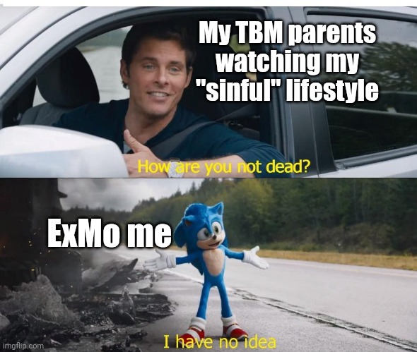 Surviving Sin | My TBM parents watching my "sinful" lifestyle; ExMo me | image tagged in sonic how are you not dead,mormons,athiest | made w/ Imgflip meme maker