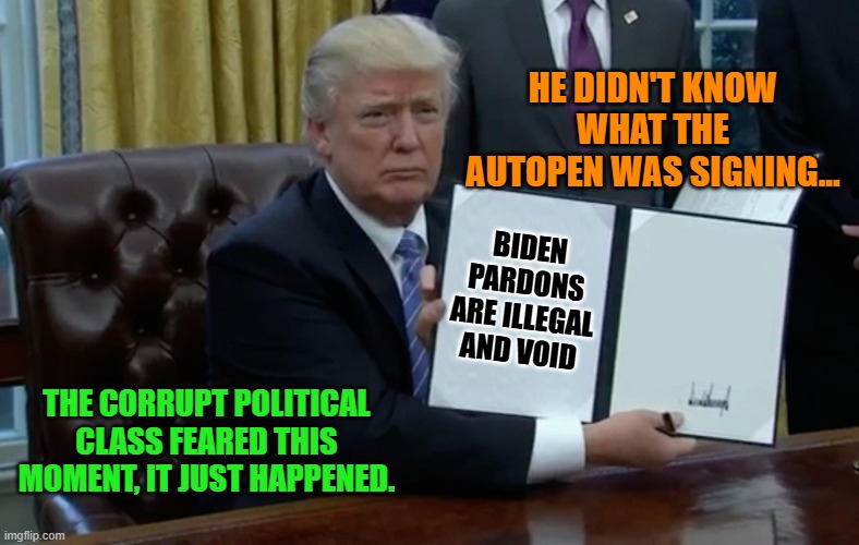 Executive Order Trump | HE DIDN'T KNOW WHAT THE AUTOPEN WAS SIGNING... BIDEN PARDONS ARE ILLEGAL AND VOID; THE CORRUPT POLITICAL CLASS FEARED THIS MOMENT, IT JUST HAPPENED. | image tagged in executive order trump | made w/ Imgflip meme maker