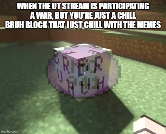 bruh | WHEN THE UT STREAM IS PARTICIPATING A WAR, BUT YOU'RE JUST A CHILL BRUH BLOCK THAT JUST CHILL WITH THE MEMES | image tagged in bruh block,ut stream,undertale,mc941,flowey_the_memer | made w/ Imgflip meme maker