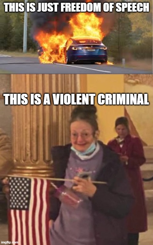 THIS IS JUST FREEDOM OF SPEECH; THIS IS A VIOLENT CRIMINAL | image tagged in tesla burning,january 6 insurrectionist | made w/ Imgflip meme maker