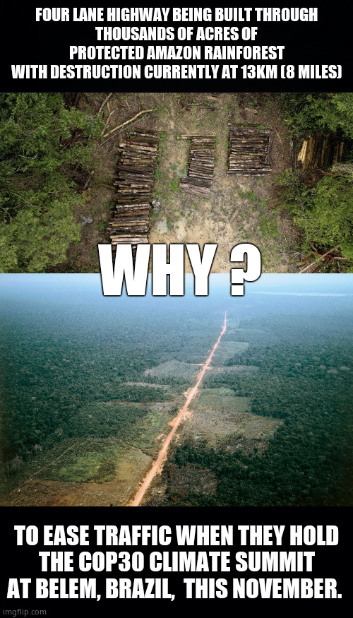 Hypocrisy via "World Leaders" | FOUR LANE HIGHWAY BEING BUILT THROUGH
THOUSANDS OF ACRES OF PROTECTED AMAZON RAINFOREST
WITH DESTRUCTION CURRENTLY AT 13KM (8 MILES); WHY ? TO EASE TRAFFIC WHEN THEY HOLD
THE COP30 CLIMATE SUMMIT AT BELEM, BRAZIL,  THIS NOVEMBER. | image tagged in memes,amazon,climate,destruction,cop30,political meme | made w/ Imgflip meme maker