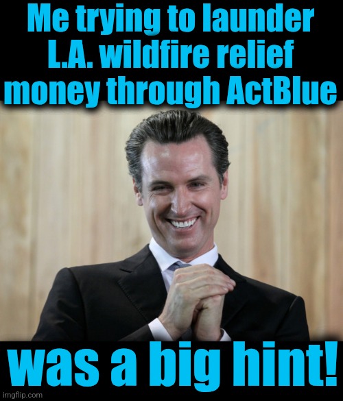 Me trying to launder L.A. wildfire relief money through ActBlue was a big hint! | image tagged in blank black,scheming gavin newsom | made w/ Imgflip meme maker