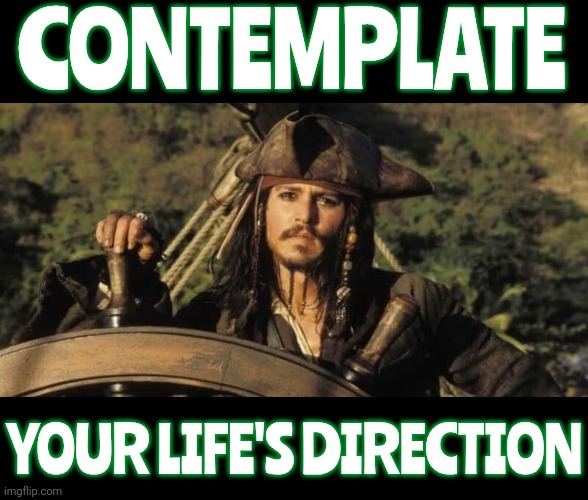 Contemplation | CONTEMPLATE; YOUR LIFE'S DIRECTION | image tagged in captain jack sparrow,contemplating,memes,open minded,let it go,follow your dreams | made w/ Imgflip meme maker