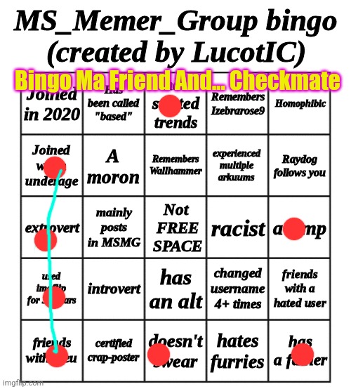 Bingo Ma Friend! And... Checkmate- Yatta | Bingo Ma Friend And... Checkmate | image tagged in msmg bingo - by lucotic,yatta,bingo ma friend,and checkmate,yatta dandy's world,looey's circus troupe | made w/ Imgflip meme maker