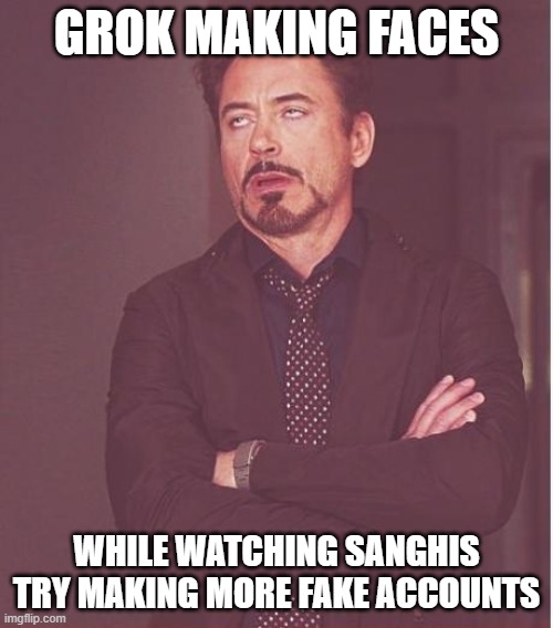GROK vs Indian Sanghi Account Propaganda | GROK MAKING FACES; WHILE WATCHING SANGHIS TRY MAKING MORE FAKE ACCOUNTS | image tagged in memes,face you make robert downey jr | made w/ Imgflip meme maker