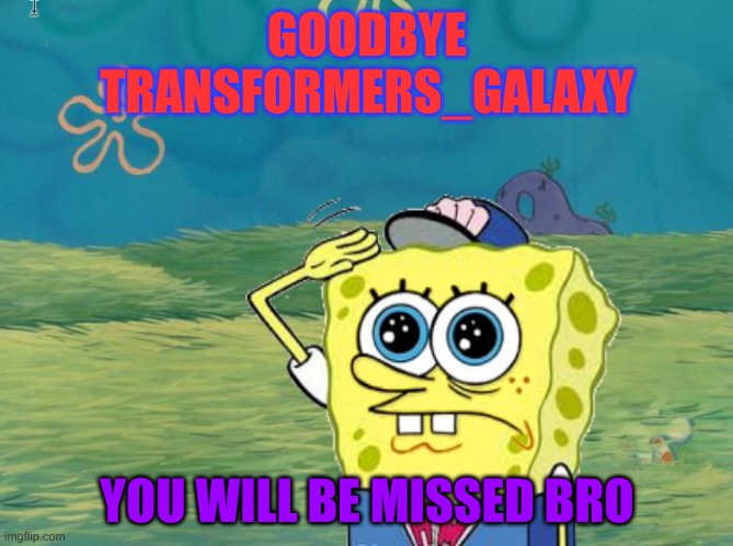 goodbye bro | GOODBYE TRANSFORMERS_GALAXY; YOU WILL BE MISSED BRO | image tagged in spongebob salute | made w/ Imgflip meme maker