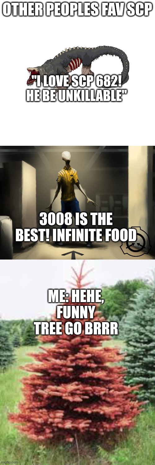 867 is a blood pine that will grow inside of u | OTHER PEOPLES FAV SCP; "I LOVE SCP 682!
HE BE UNKILLABLE"; 3008 IS THE BEST! INFINITE FOOD; ME: HEHE, FUNNY TREE GO BRRR | image tagged in scp,scp 867 | made w/ Imgflip meme maker