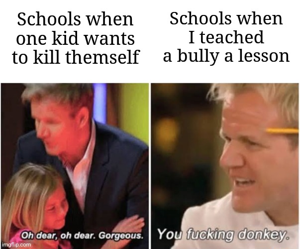 Why is it always like this | Schools when I teached a bully a lesson; Schools when one kid wants to kill themself | image tagged in gordon ramsay kids vs adults,memes,funny,school | made w/ Imgflip meme maker