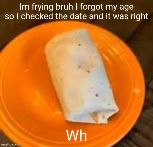 JimmyHere Burrito | Im frying bruh I forgot my age so I checked the date and it was right; Wh | image tagged in jimmyhere burrito | made w/ Imgflip meme maker