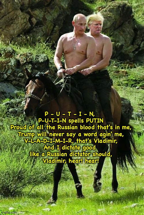 Russian take on a St. Paddy's Day favourite | P - U - T - I - N, 
P-U-T-I-N spells PUTIN
Proud of all the Russian blood that's in me,
Trump will never say a word agin' me,
V-L-A-D-I-M-I-R, that's Vladimir,
And I dictate good 
like a Russian dictator should,
Vladimir, hear! hear! | image tagged in trump putin | made w/ Imgflip meme maker