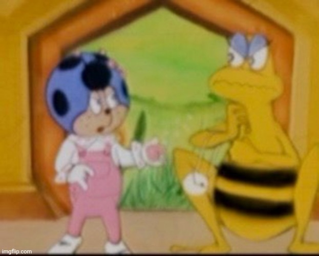 Babicinel transforming Levallois the bee into a frog | image tagged in babicinel from cococinel 1992,cococinel,cocomiel,blue ladybug,90s ladybug cartoon,ladybird | made w/ Imgflip meme maker