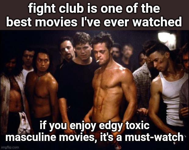 Fight Club Template  | fight club is one of the best movies I've ever watched; if you enjoy edgy toxic masculine movies, it's a must-watch | image tagged in fight club template | made w/ Imgflip meme maker