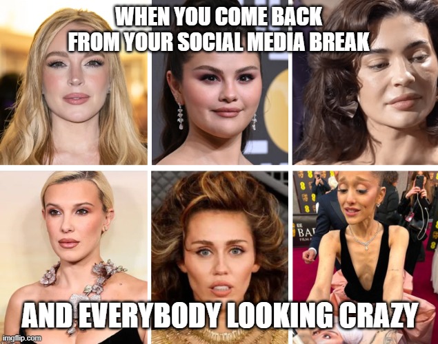 When you come back from your social media break | WHEN YOU COME BACK FROM YOUR SOCIAL MEDIA BREAK; AND EVERYBODY LOOKING CRAZY | image tagged in plastic surgery,kylie jenner,selena gomez,miley cyrus,lindsay lohan,social media | made w/ Imgflip meme maker