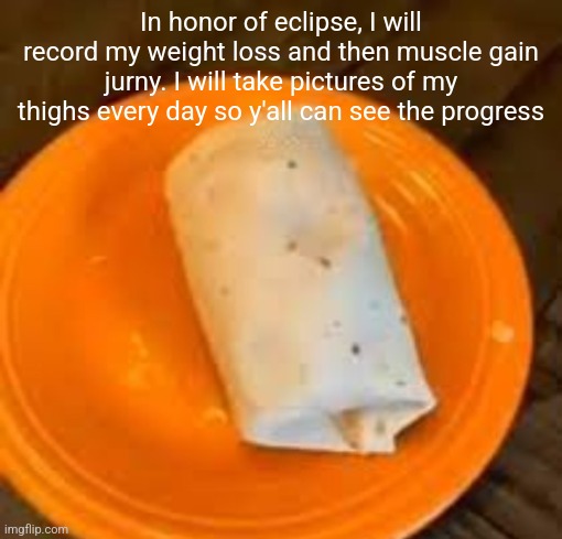 JimmyHere Burrito | In honor of eclipse, I will record my weight loss and then muscle gain jurny. I will take pictures of my thighs every day so y'all can see the progress | image tagged in jimmyhere burrito,hell no i'm not actually doing that | made w/ Imgflip meme maker
