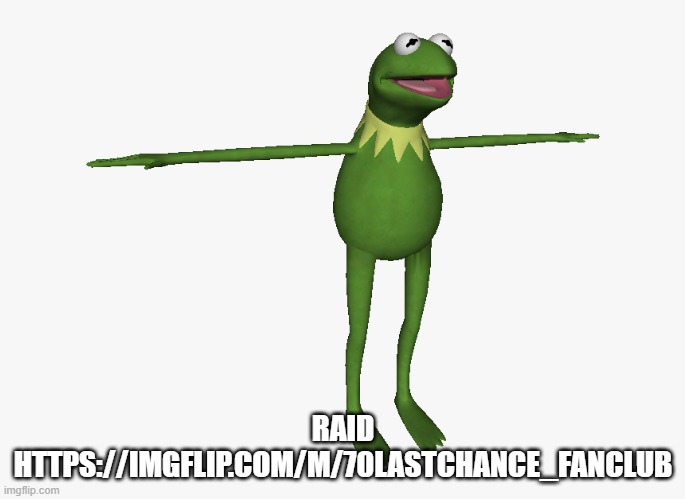 T Pose Kermit | RAID HTTPS://IMGFLIP.COM/M/70LASTCHANCE_FANCLUB | image tagged in t pose kermit | made w/ Imgflip meme maker
