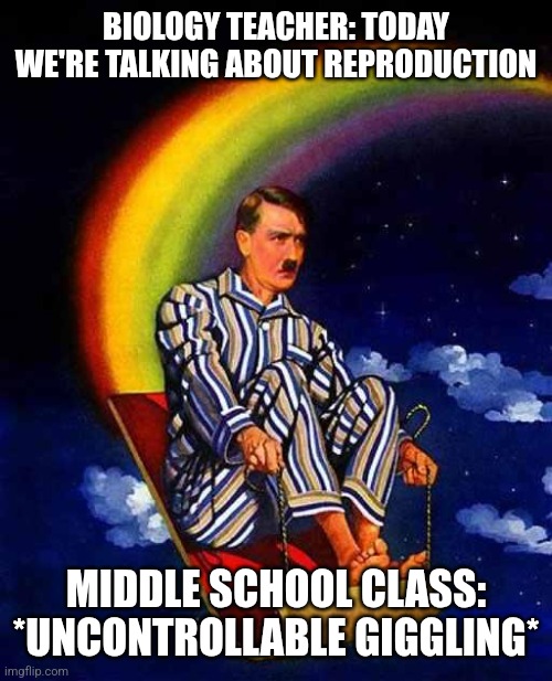 Ignore the image I used | BIOLOGY TEACHER: TODAY WE'RE TALKING ABOUT REPRODUCTION; MIDDLE SCHOOL CLASS: *UNCONTROLLABLE GIGGLING* | made w/ Imgflip meme maker