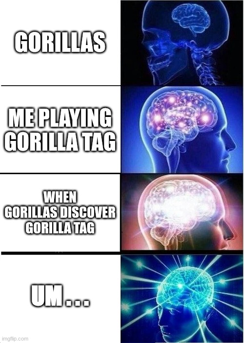 Expanding Brain | GORILLAS; ME PLAYING GORILLA TAG; WHEN GORILLAS DISCOVER GORILLA TAG; UM . . . | image tagged in memes,expanding brain | made w/ Imgflip meme maker