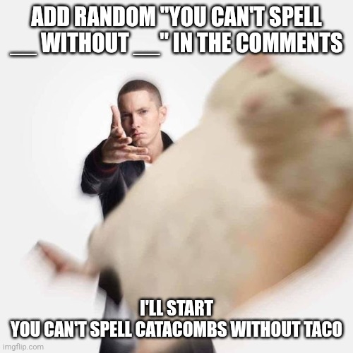 Woe Plague Be Upon Ye | ADD RANDOM "YOU CAN'T SPELL __ WITHOUT __" IN THE COMMENTS; I'LL START
YOU CAN'T SPELL CATACOMBS WITHOUT TACO | image tagged in woe plague be upon ye | made w/ Imgflip meme maker