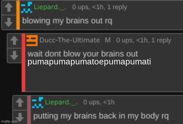 wait dont blow your brains out | pumapumapumatoepumapumati | image tagged in wait dont blow your brains out | made w/ Imgflip meme maker