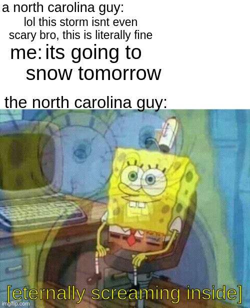 North carolina | a north carolina guy:; lol this storm isnt even scary bro, this is literally fine; its going to snow tomorrow; me:; the north carolina guy:; [eternally screaming inside] | image tagged in spongebob panic inside | made w/ Imgflip meme maker